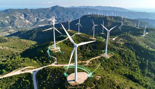 White Wind Turbines on Rolling Green Hills with Green Connection Lines