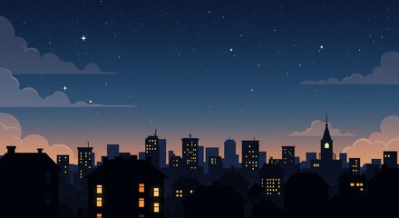 Fototapeta premium Silhouette Cityscape with Glowing Windows Under Night Sky