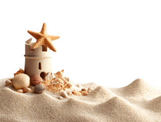 Sand with starfish and shells on top, sand castle, sand hills, beach landscape, summer mood isolated on a transparent background