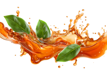 The effect of black tea flowing and floating with selected tea leaves isolated on a transparent background