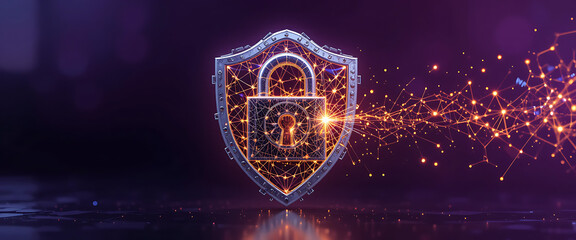 high quality cyber security protection theme pop up intricate details diamond shine lock in silver gradient , minimalist, shimmering Quincy style dark purple background, high tech, futuristic theme, c