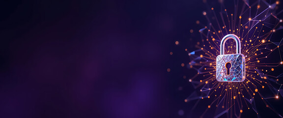 high quality cyber security protection theme pop up intricate details diamond shine lock in silver gradient , minimalist, shimmering Quincy style dark purple background, high tech, futuristic theme, c