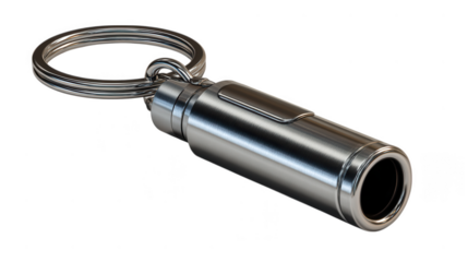 A silver metal emergency whistle attached to a keychain ring isolated on transparent background, ready for signaling