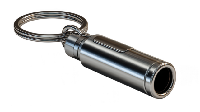A silver metal emergency whistle attached to a keychain ring isolated on transparent background, ready for signaling