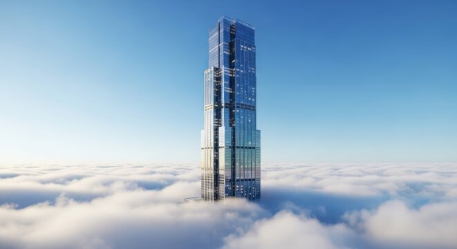 Tall skyscraper emerging above a sea of clouds blue sky