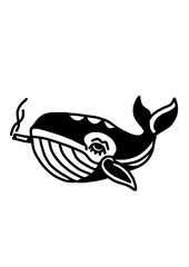 Black and white whale smoking a cigarette, a quirky and artistic ocean design.