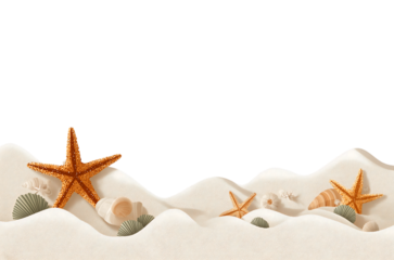 Sand with small starfish and shells on top of it, beach decoration isolated on a transparent background