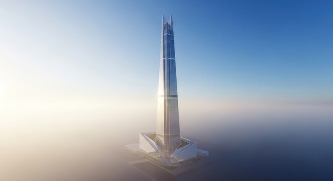 Tall skyscraper rises above clouds modern architecture
