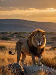 Majestic Male Lion Standing Proudly on a Rock in African Savannah at Sunset