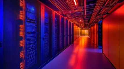 Fototapeta premium Server room corridor with racks of servers lit in red and blue.