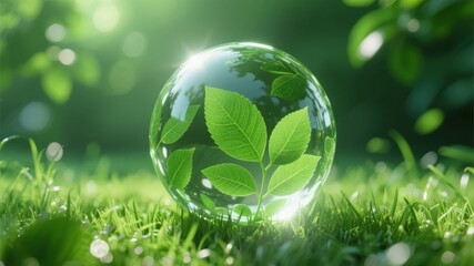A crystal sphere containing green leaves, resting on grass with a bright, natural background.