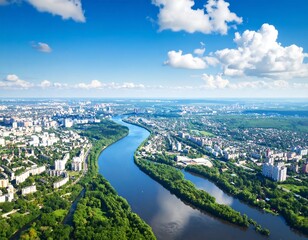 Fototapeta premium Magnificent cityscape view with winding river under a clear blue sky and clouds