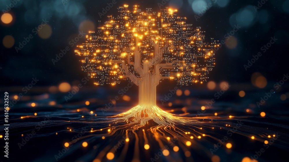 Wall mural glowing digital tree with roots and bokeh lights.