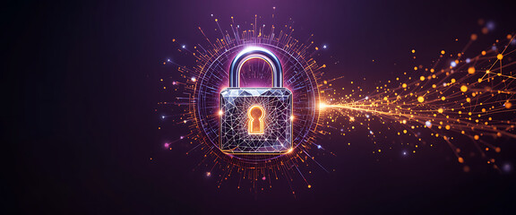 high quality cyber security protection theme pop up intricate details diamond shine lock in silver gradient , minimalist, shimmering Quincy style dark purple background, high tech, futuristic theme, c