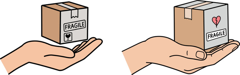 Hands holding delivery boxes with care and affection symbols  