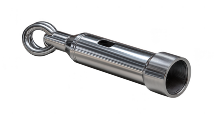 A shiny metal tool with a ring is isolated on transparent background, showcasing industrial hardware and engineering