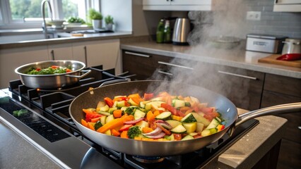 Fresh vegetables sizzling in a pan on a stovetop