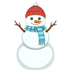 Snowman wearing red beanie and blue shawl standing in snowy day made to celebrate Christmas