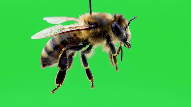 3D Realistic Western Honey Bee Apis Mellifera Isolated on Green Screen for Wildlife Production