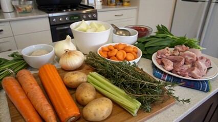 Fresh ingredients for a hearty stew laid out on a kitchen counter
