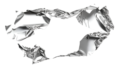Shiny crumpled aluminum foil abstract shape with dynamic highlights and shadows creating a modern, textured, and versatile design element ready for creative projects.