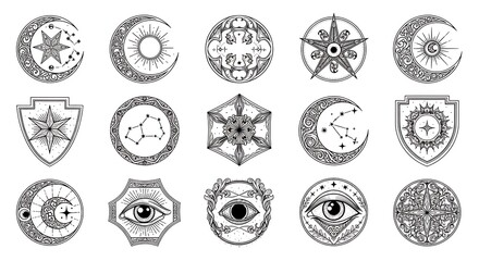 A collection of fifteen black and white circular and shield-shaped occult symbols featuring moons, stars, eyes, and constellations.