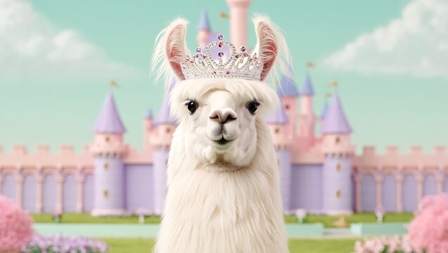 Portrait of a Llama Princess with a Crown and Castle Background