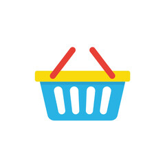 Flat Design Shopping Basket Icon. E-commerce, retail, online shopping symbol. Blue basket with red handles.
