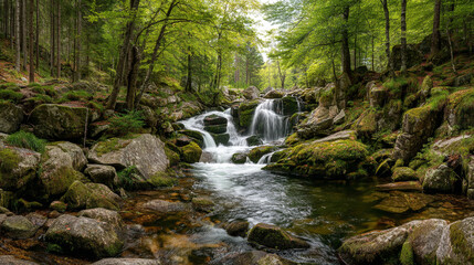 A scenic view of a small waterfall cascading through a lush green forest landscape