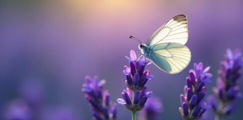 Naklejka premium Delicate white butterfly on vibrant purple lavender blossoms , garden, vibrant, aromatic