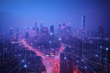 Fototapeta premium Futuristic smart cityscape with digital IoT connectivity, network infrastructure, and advanced architectural design - Conceptual illustration