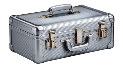 A silver aluminum suitcase with a handle and latches isolated on transparent background