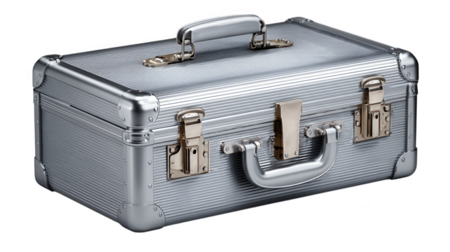 A silver aluminum suitcase with a handle and latches isolated on transparent background