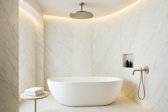 Minimalist white marble bathroom interior with elegant freestanding bathtub, soft ambient lighting, and modern architecture concept. Ai generative