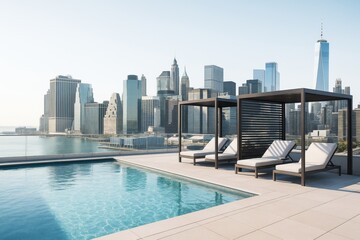 Obraz premium Rooftop pool with modern lounge chairs and shaded cabanas overlooking a city skyline in bright daylight atmosphere with architectural background. Ai generative