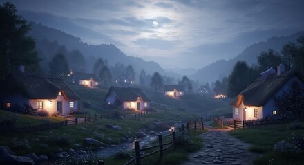 Village houses nestled in valley under moonlight
