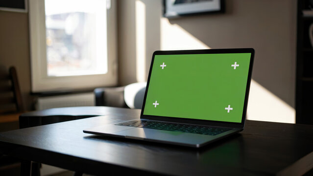 Modern laptop with green screen and tracking markers on a dark table, ready for creative content.