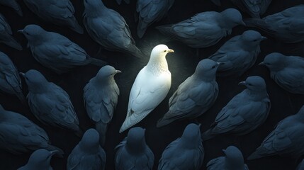 Single White Dove Among Dark Birds, Symbol of Uniqueness, Hope, and Standing Out from the Crowd