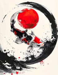 Sumi-e Koi Drawing Passing Through Zen Enso Circle with Red Stamp