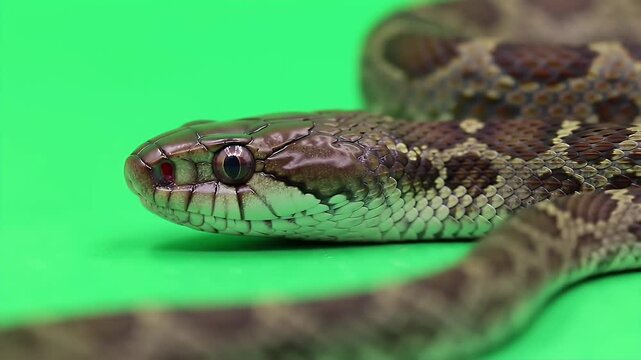 Detailed Close up of Rat Snake Ptyas Mucosa Isolated by Green Screen Featuring Brown and Tan Patterned Body Wildlife Theme