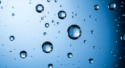 Abstract Gemini bubbles suspended in clear liquid, a macro perspective of random water drops on a blue gradient background.