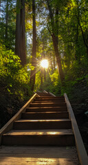 Fototapeta premium A serene forest path bathed in soft light, symbolizing spiritual journeys, divine guidance, and an enlightened lifestyle.