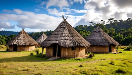 Traditional dwellings in a rural setting, showcasing vernacular architecture in a natural landscape