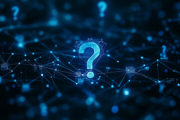 Abstract technology background with digital wireless network concept and blue question mark on the screen, with connection lines in dark color ,Vintage wallpaper