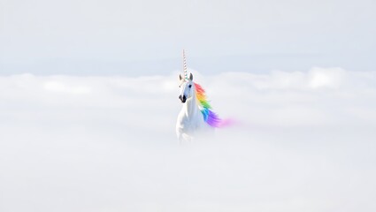 Majestic White Unicorn with Rainbow Mane Emerging from Clouds Fantasy and Magic