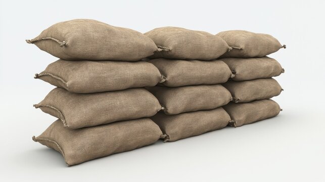 Stacked Sandbag, 3D Render Burlap Sacks for Construction and Defense