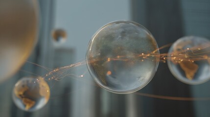 Visual representation of secure global communication protocol with three transparent spherical nodes linked by lines sho