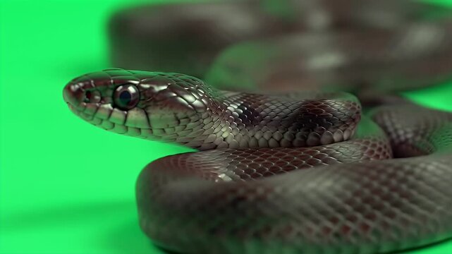 Detailed Red Bellied Black Snake Coiled on Green Screen Background Wildlife Close Up 3D Render