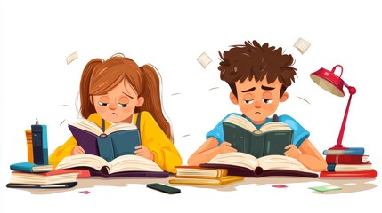 Tired children studying surrounded by books and a lamp.