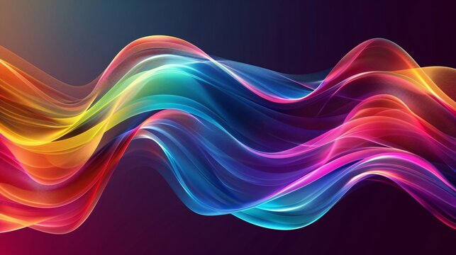 Vivid flowing waves of rainbow colors on a dark abstract background, modern and dynamic.